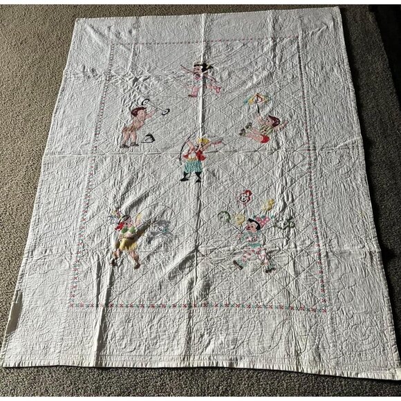 Vtg 1940's-1950's Circus Children Quilt Handmade Hand Embroidered Tapestry Quilt - Picture 1 of 10